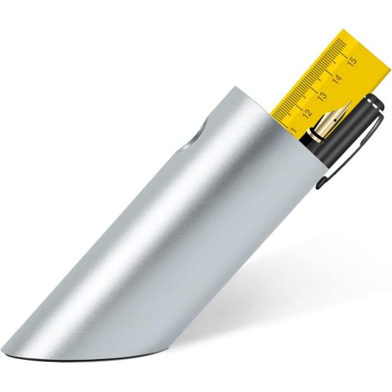 KayYuki Office Modern Art Pen Holder Aluminum Alloy Tilt Pen Holder Handicraft Office Desktop Accessories Pencil Cup Office Storage Pen Cup（Silver）