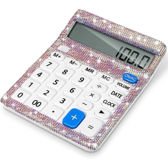 Stylish Bling Rhinestone Desktop Calculator 12 Digit Decorative Large LCD Display Office Calculator with Time Alarm Clock for Home School Office Desk Accessory, White