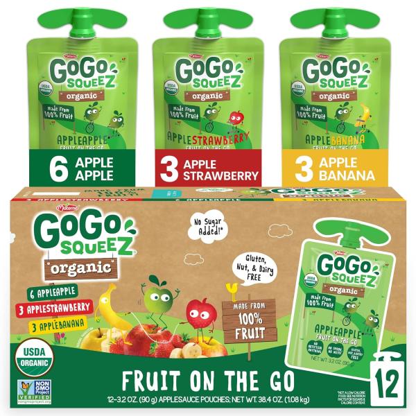 GoGo squeeZ Organic Fruit on the Go Variety Pack， Apple/Banana/Strawberry， 3.2 oz. (12 Pouches) - Made from Organic Apples， Bananas &amp; Strawberries - Gluten Free Snacks - Nut &amp; Dairy Free - Vegan Snack