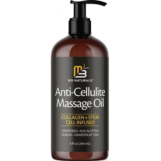 Anti Cellulite Massage Oil Infused with Collagen and Stem Cell - Skin Tightening Cellulite Cream Moisturizing Body Oil Tone Stomach Thighs Reduce Look of Fat Scars by M3 Naturals
