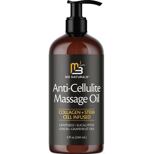 Anti Cellulite Massage Oil Infused with Collagen and Stem Cell - Skin Tightening Cellulite Cream Moisturizing Body Oil Tone Stomach Thighs Reduce Look of Fat Scars by M3 Naturals