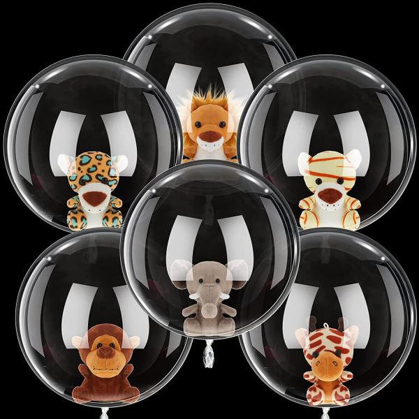 Large Bobo Balloons and Safari Stuffed Animals Set 6 Pcs Bubble Transparent Balloons 15.8 Inch Clear Balloons for Stuffing 6 Pcs Mini Jungle Animal Plush Toys for Wedding Birthday Party Decorations