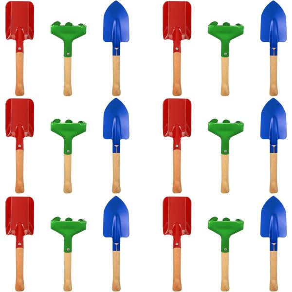 18 Pcs Kids Gardening Tools Set, Metal Kids Yard Tools with Sturdy Wooden Handle Safe Children Beach Sandbox Toy Sand Play Tools for Flower Soil Planting Loosening Digging, Trowel, Rake, Shovel