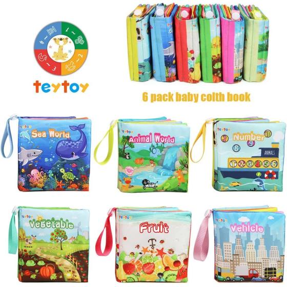 teytoy My First Soft Book, Nontoxic Fabric Baby Cloth Books Early Education Toys Activity Crinkle Cloth Book for Toddler, Infants and Kids Perfect for Baby Shower -Pack of 6