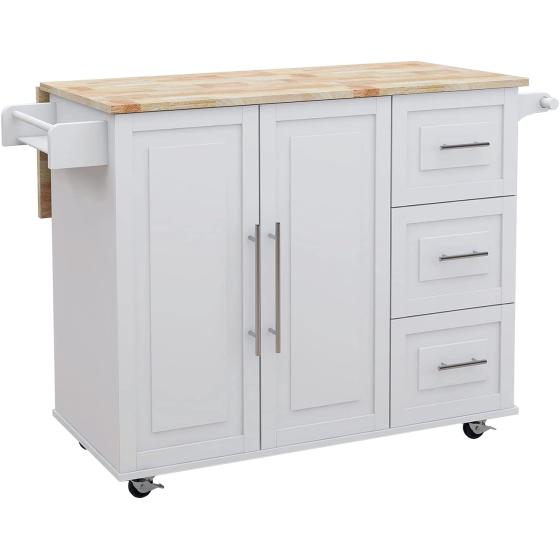 CNPRAZ Cabinet, Kitchen Island with Spice Rack, Towel Rack and Extendable Solid Wood Top, Multi Purpose, Large Storage - White