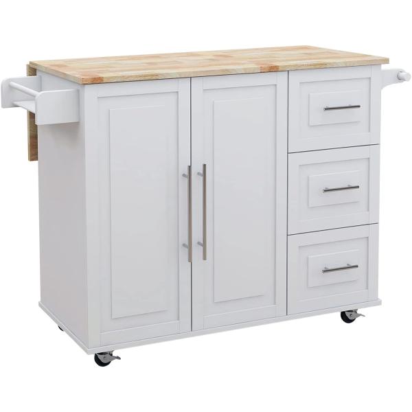CNPRAZ Cabinet, Kitchen Island with Spice Rack, Towel Rack and Extendable Solid Wood Top, Multi Purpose, Large Storage - White