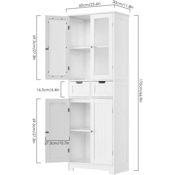 HORSTORS Tall Storage Cabinet, Freestanding Kitchen Pantry Cabinet with Glass Doors and Shelves, Large Modern Cupboard with 2 Drawers for Home Office, White, 23.6" L x 11.8" D x 66.9" H
