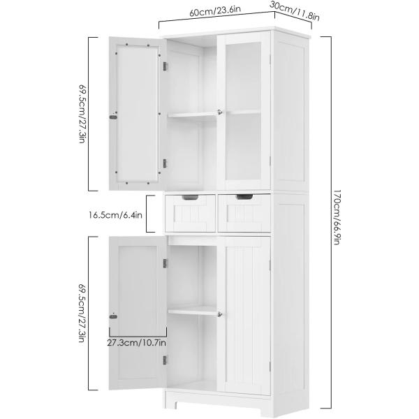 HORSTORS Tall Storage Cabinet, Freestanding Kitchen Pantry Cabinet with Glass Doors and Shelves, Large Modern Cupboard with 2 Drawers for Home Office, White, 23.6" L x 11.8" D x 66.9" H