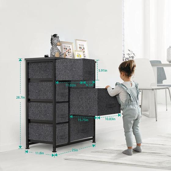 Pipishell Fabric Dresser with 7 Drawers， Storage Tower Drawer Dresser for Bedroom， Closets， Bedroom， Nursery Room， Hallway， Entryway， with Wood Top and Easy Pull Handle， Black