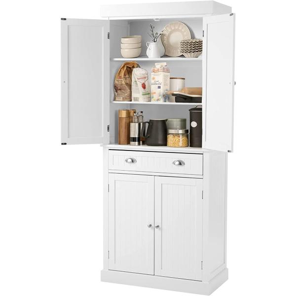YOLENY Kitchen Pantry， 72” Freestanding Storage Cabinets with Doors and Shelves， Elegant Colonial Design Cabinet Cupboard with 3 Adjustable Shelves and 1 Storage Drawer，Black