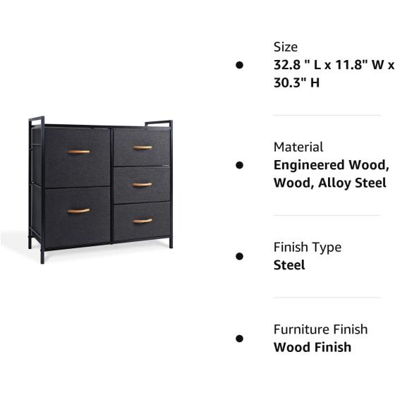 ROMOON Dresser Storage Drawer, 5 Fabric Units Organizer and Storage for Bedroom, Hallway, Entryway, Closets - Dark Gray