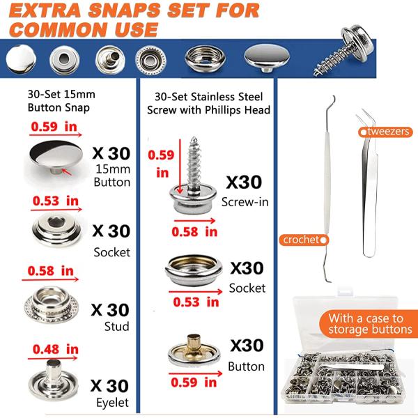 Heavy Duty Snap Fasteners Kit, Snap Fastener Pliers for Metal Snaps Installation on Boat Cover/Canvas/Carpet/Leather, Snap Fastener Tool with Screw Snap& Stainless Steel 15mm Marine Snaps-by MinliGUY