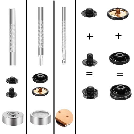 12 Sets Metal Snap Buttons Kit，15mm Heavy Duty Leather Sewing Kit Press Studs with 4 Install Tools， Leather Rivets and Snaps for Clothing， Leather， Jeans， Jackets， Bracelets， Bags DIY Crafts