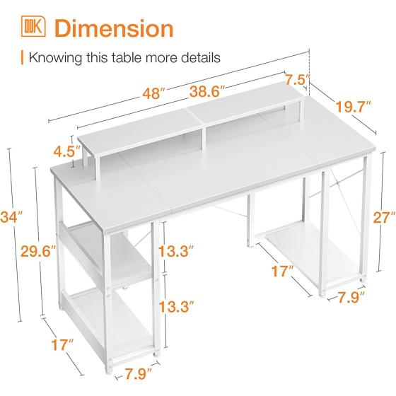 ODK 48 inch Computer Desk with Monitor Shelf and Storage Shelves, Writing Desk, Study Table with CPU Stand & Reversible Shelves, White