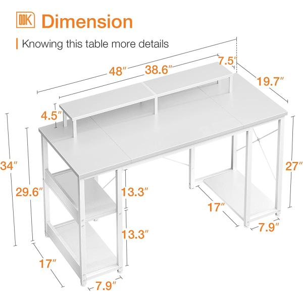ODK 48 inch Computer Desk with Monitor Shelf and Storage Shelves, Writing Desk, Study Table with CPU Stand & Reversible Shelves, White
