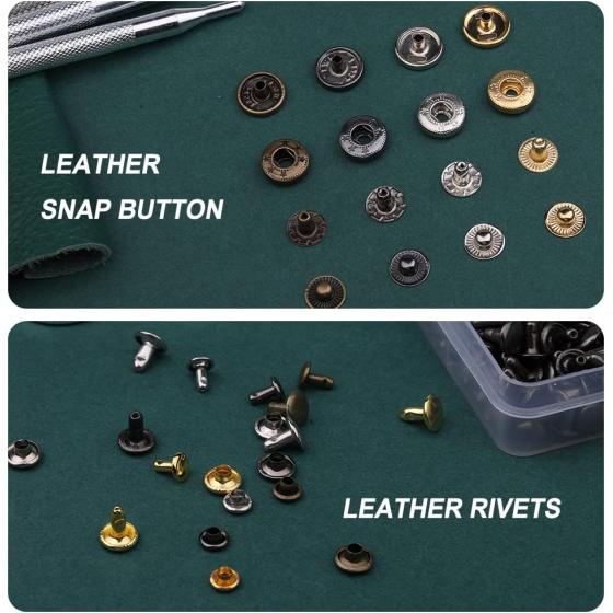 Yizzvb 320 Pcs Leather Rivets Kit， 60 Pcs Leather Snap Fasteners， 2 Size Leather Rivets Double Cap Rivet Kit， Double-Sided Nylon Hammer， 5 Pcs Installation Tools for Leather DIY Projects