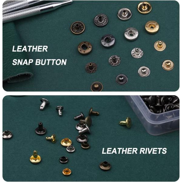 Yizzvb 320 Pcs Leather Rivets Kit， 60 Pcs Leather Snap Fasteners， 2 Size Leather Rivets Double Cap Rivet Kit， Double-Sided Nylon Hammer， 5 Pcs Installation Tools for Leather DIY Projects