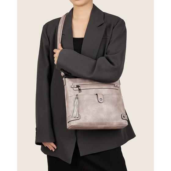 FADEON Leather Crossbody Bag for Women Large Crossbody Purses Ladies Designer lightweight PU Shoulder Bag with Tassel
