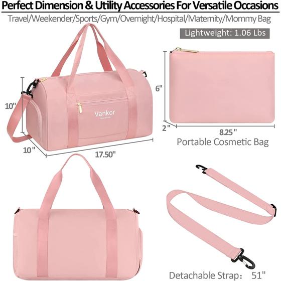Gym Bag for Women with Shoe Compartment Waterproof， Sports Duffle Bag for Travel Duffel Weekender Carry on Beach Yoga Overnight Luggage Mommy Maternity Hospital Bag Pink 17.5 Inch