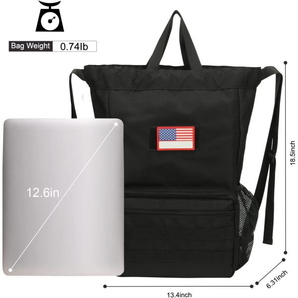 ATRIPACK Tactical Drawstring Backpack， Water-Resistant Swim Bag String Bag Sandproof Beach Backbag American Flag Cinch Sack Bookbag for Men Women Boys Girls Basketball，Swim， Gym， Sports (Black)
