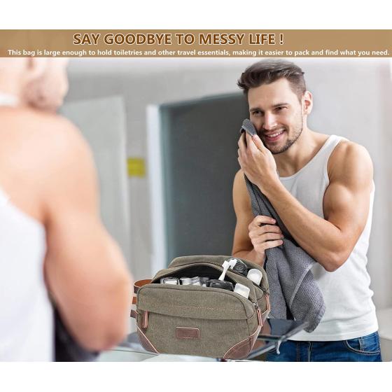 Wogarl Toiletry Bag for Men， Leather and Canvas Travel Toiletry Bag Dopp Kit Shaving Bag for Travel Accessories (Army Green)