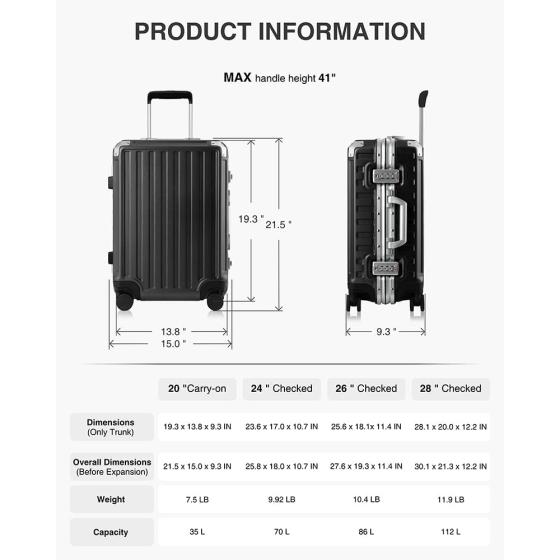 LUGGEX Hard Shell Carry On Luggage with Aluminum Frame - 100% PC No Zipper Suitcase - 4 Metal Corner Hassle-Free Travel (Hard Case Suitcase)