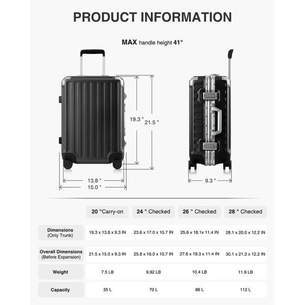 LUGGEX Hard Shell Carry On Luggage with Aluminum Frame - 100% PC No Zipper Suitcase - 4 Metal Corner Hassle-Free Travel (Hard Case Suitcase)