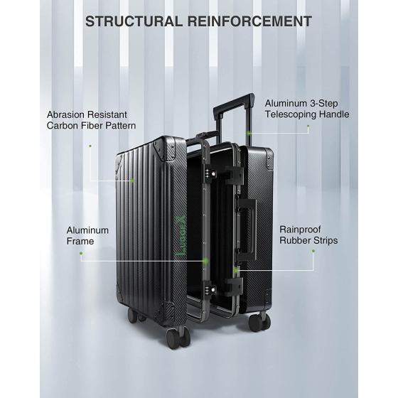 LUGGEX Aluminum Luggage Checked， 24 Inch No Zipper Luggage Metal Suitcase， Classy Carbon Fiber Pattern for Elegant Journey (Metal Suitcases with Wheels)