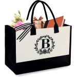 BeeGreen Initial Canvas Tote Bag with Zipper Pocket 13OZ Embroidery Monogrammed Personalized Birthday Gifts for Women