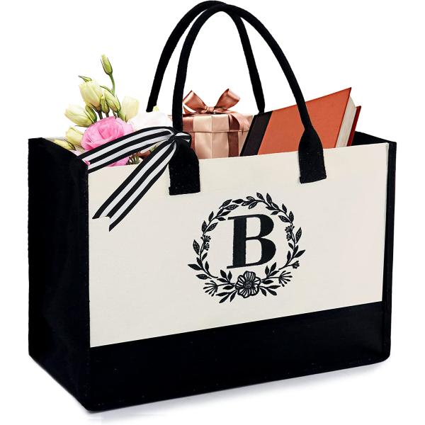 BeeGreen Initial Canvas Tote Bag with Zipper Pocket 13OZ Embroidery Monogrammed Personalized Birthday Gifts for Women