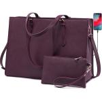 LOVEVOOK Laptop Bag for Women， Fashion Computer Tote Bag Large Capacity Handbag， Leather Shoulder Bag Purse Set， Professional Business Work Briefcase for Office Lady， 2PCs， 15.6-Inch， Deep Plum