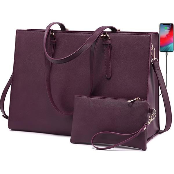 LOVEVOOK Laptop Bag for Women， Fashion Computer Tote Bag Large Capacity Handbag， Leather Shoulder Bag Purse Set， Professional Business Work Briefcase for Office Lady， 2PCs， 15.6-Inch， Deep Plum