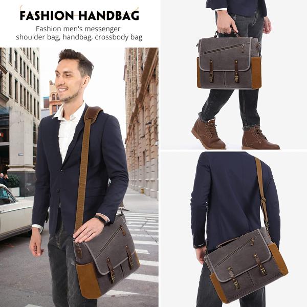 LOVEVOOK Mens Messenger Bag， 15.6 Inch Waterproof Waxed Canvas Briefcase Vintage Leather Computer Laptop Book Bag Large Satchel Shoulder Bag for Work， Travel， School
