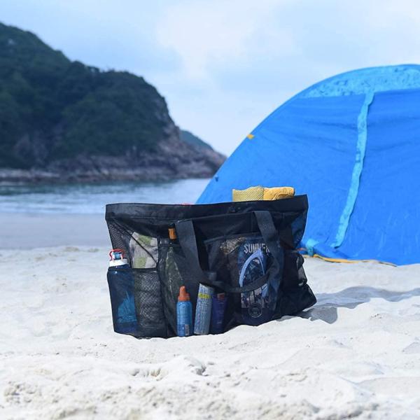 Extra Large Beach Bag， XL Mesh Tote with Zipper and Pockets Ideal for Your Family Beach Trip
