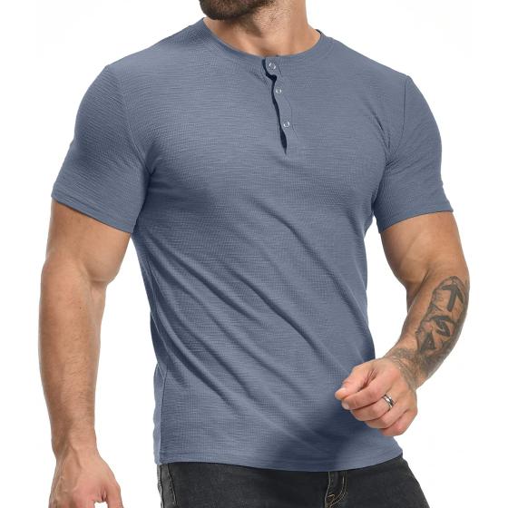 YTD Men's Muscle T Shirts Stretch Short Sleeve Workout Tee Casual Slim Fit Henley Shirt