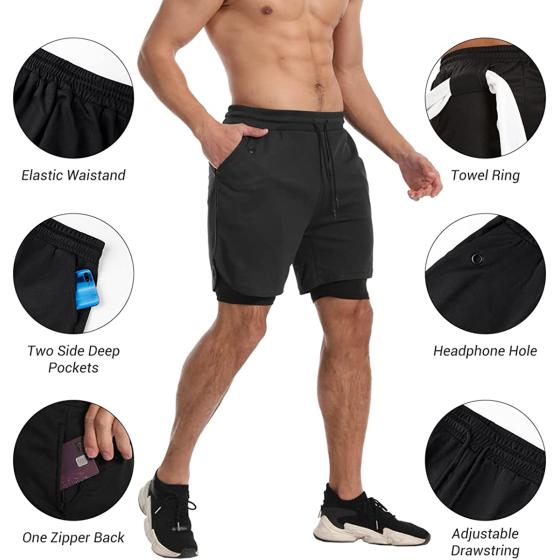KLINNFENR Mens 2 in 1 Gym Running Shorts 7 inch Athletic Workout Clothes for Men Quick-Dry Shorts with Zipper Pockets