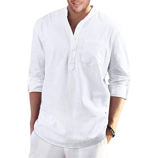 Enlision Mens Cotton Linen Henley Shirts Casual Button Down Summer Beach Shirt Long Sleeve Hawaiian Hippie Shirt for Men