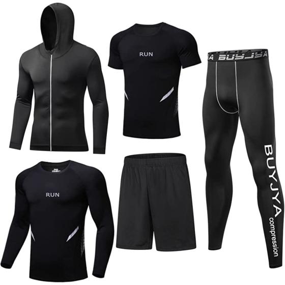 BUYJYA 5Pcs Men's Compression Pants Shirt Top Long Sleeve Jacket Athletic Sets Gym Clothing Mens Workout Valentine's Day gift