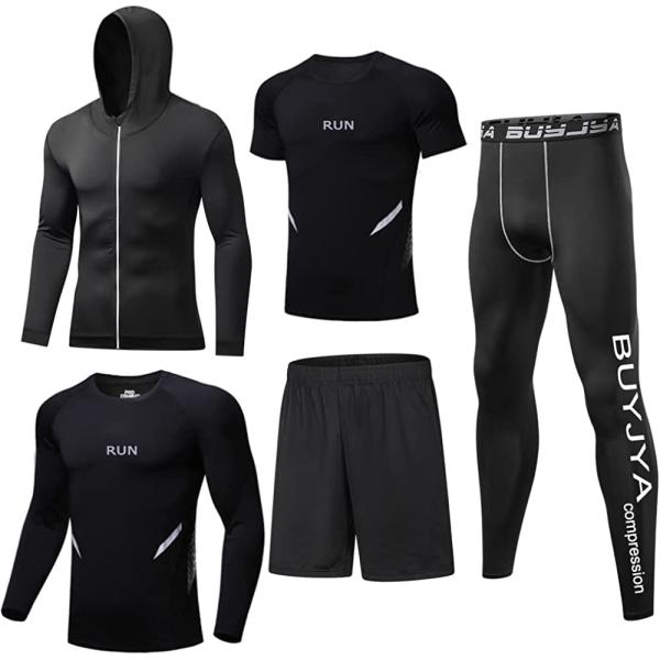 BUYJYA 5Pcs Men's Compression Pants Shirt Top Long Sleeve Jacket Athletic Sets Gym Clothing Mens Workout Valentine's Day gift