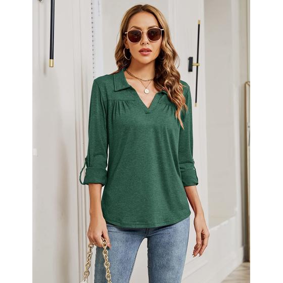 Micoson Womens Polo Shirts V Neck Short Sleeve Collared Tops Pleated T Shirts Casual Tunic Blouse S-XXL