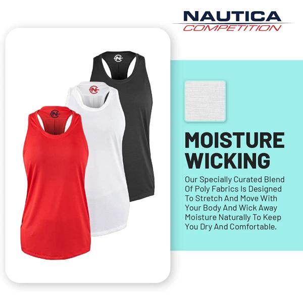 Nautica Competition 3 Pack Workout Tank Tops for Women Active Athletic Gym Workout Running Exercise Yoga Dry-Fit Fabric