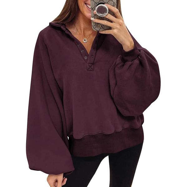 Trendy Queen Womens Sweatshirt Fall Clothes 2022 Lantern Sleeve Drop Shoulder Pullover Hoodies Button Fashion Y2K Outfits