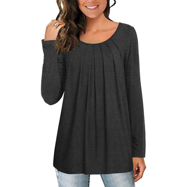 Anymeet 2023 Women's Spring Fall Tunic Top Long Sleeve Casual Tee Pleated Shirts Comfy Loose Blouses