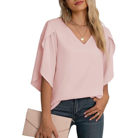 Jouica Women's Fall Casual 3/4 Ruffled Sleeve Chiffon Blouse Tops for Women