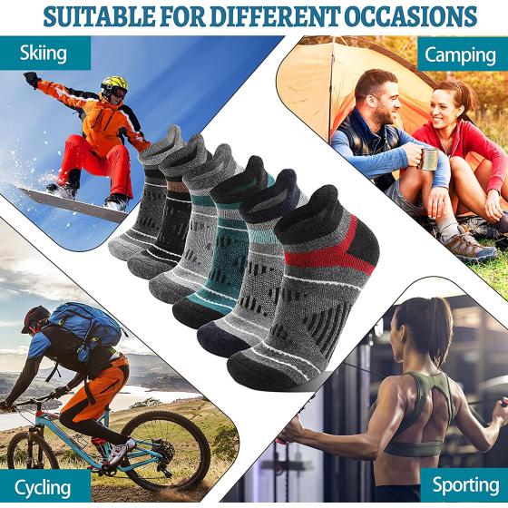 EBMORE 6 Pairs Merino Wool Ankle Hiking Running Socks Compression Support Thick Cushion No Show Socks for Men Women