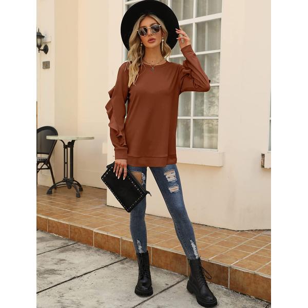 Saloogoe Crewneck Sweatshirts Long Sleeve Casual Tops with Ruffle Sleeve Fall Winter Clothes Soft Fashion 2022
