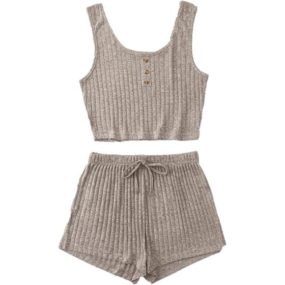 SheIn Women's 2 Piece Sleeveless Button Crop Tank Tops and Shorts Lounge Set