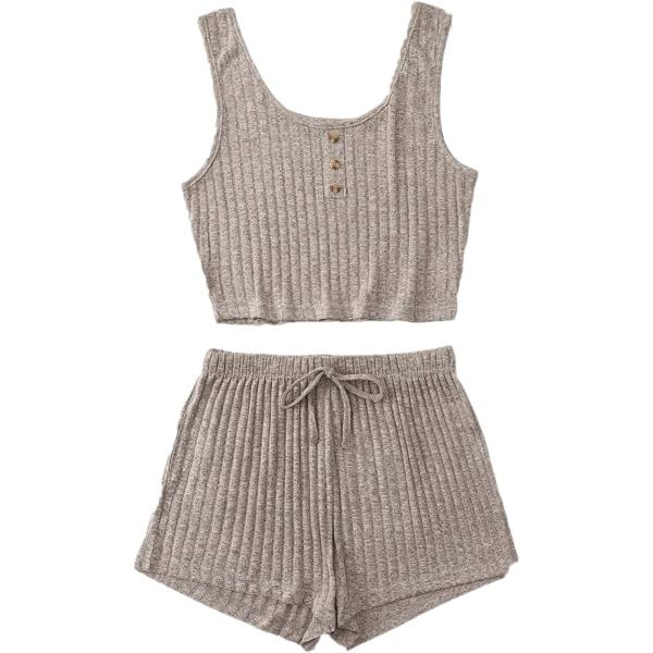 SheIn Women's 2 Piece Sleeveless Button Crop Tank Tops and Shorts Lounge Set