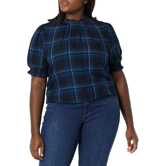 Amazon Essentials Women's Fluid Twill Short Puff Sleeve Smock Detail Shirt
