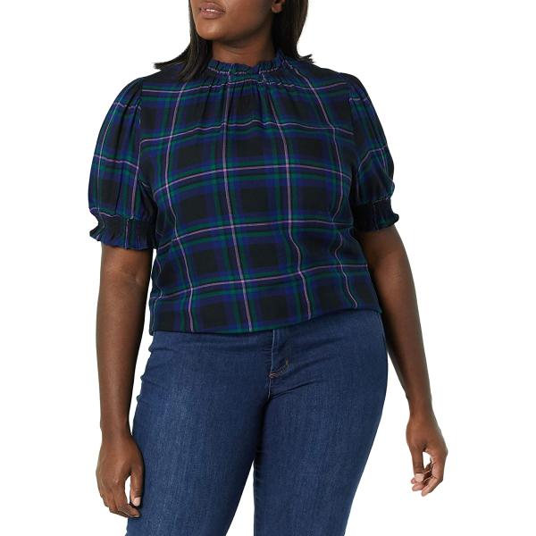 Amazon Essentials Women's Fluid Twill Short Puff Sleeve Smock Detail Shirt